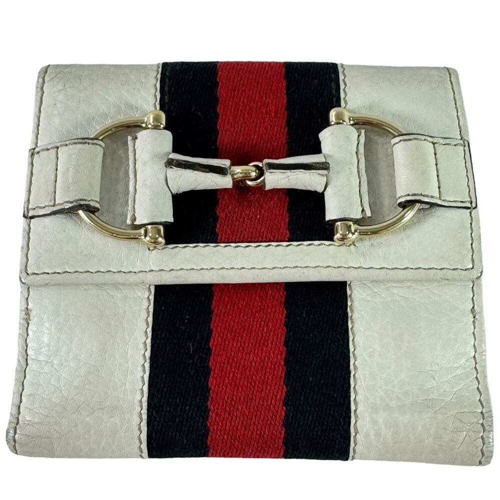 GUCCI White Leather With Horsebit and Web Card Holder Wallet Made in Italy